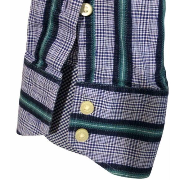 Thomas Dean Button Up Shirt Mens XXL Striped Checks Blue Long Sleeves Flip Cuffs - Picture 4 of 8